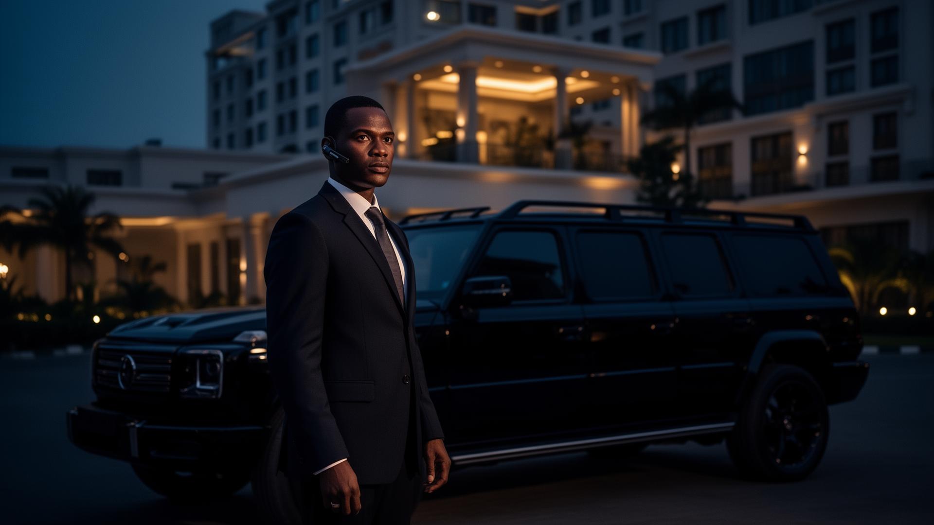 Executive protection officer at dusk